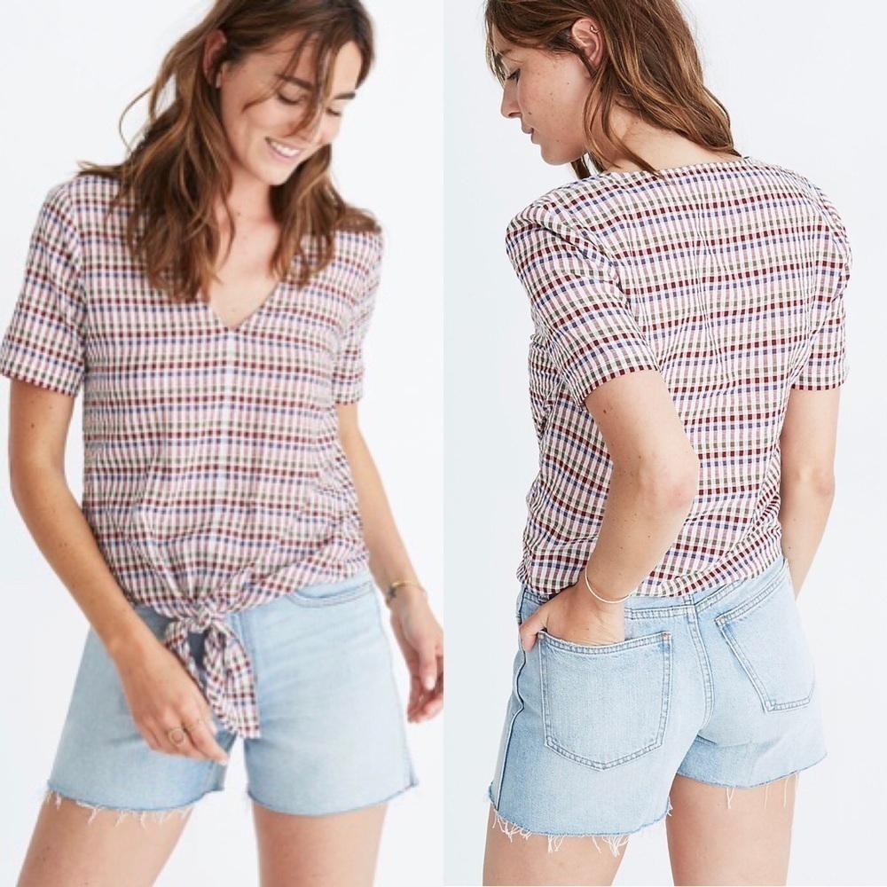 Madewell Rainbow Gingham Check Short Sleeve Novel Tie Front Top